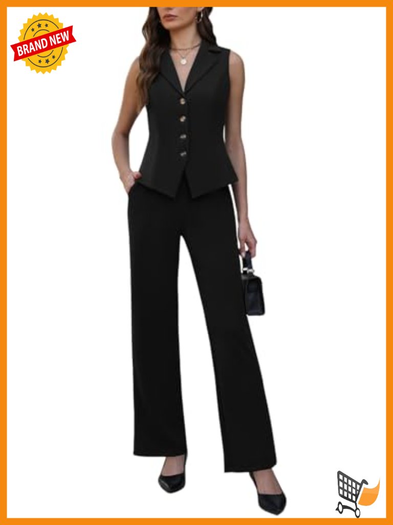2 Piece Suit Set Sleeveless V Neck Blazer With Straight Leg Pants Business